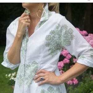 Julia India Amory JA Shirt Dress Maxi Celadon Green Block Print Button Cotton